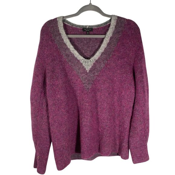 Rag & Bone Jonie Womens V-Neck Sweater XS Magenta fuzzy soft oversized varsity - Picture 2 of 9
